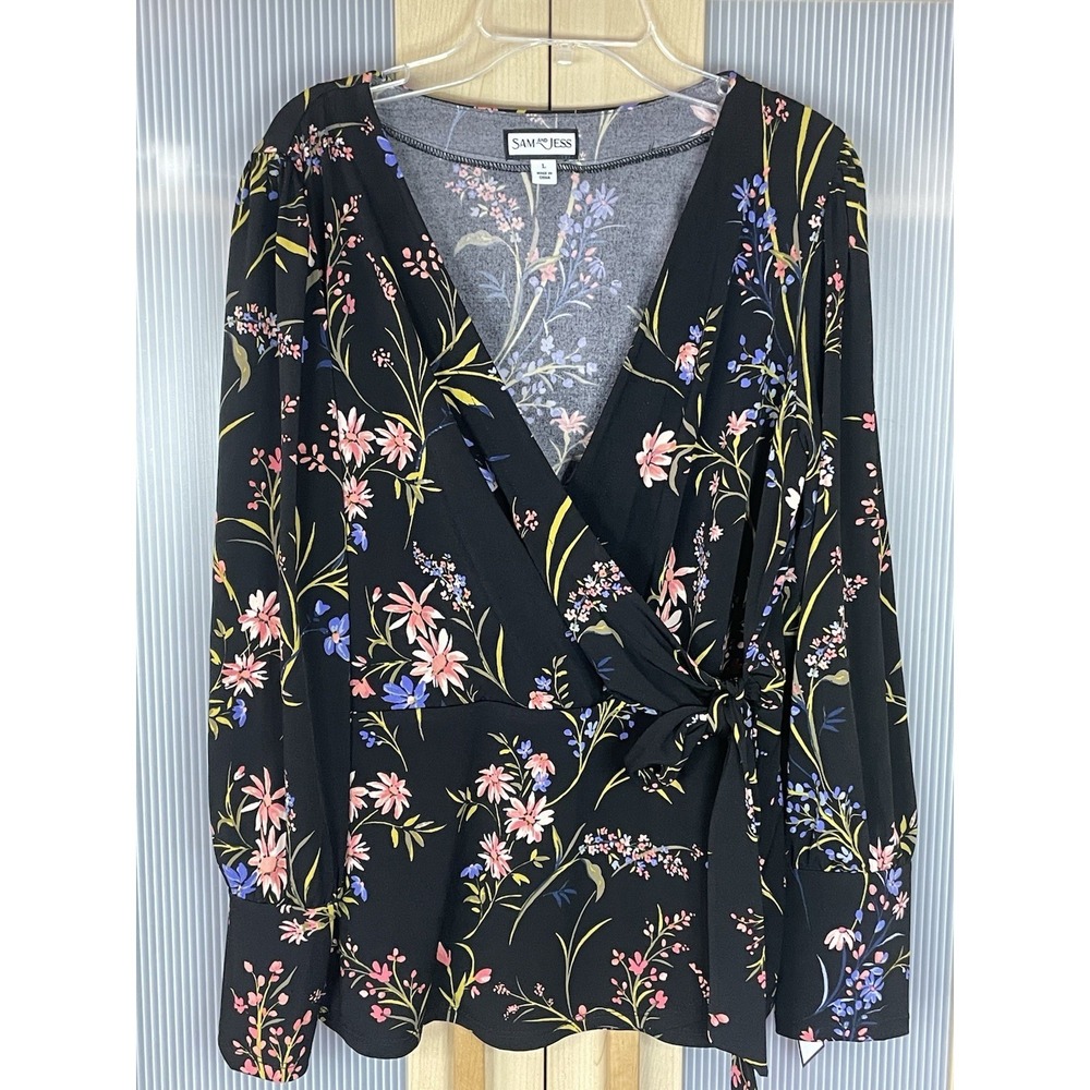 Sam & Jess Women's Black‎ FloralV-Neck Wrap Top Blouse Sz L Boho Career Party
